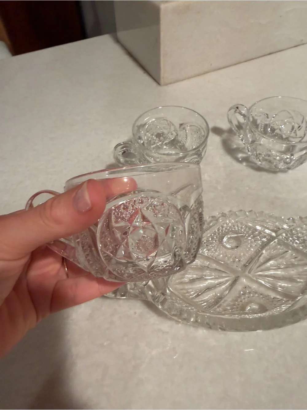 Vintage Clear Pressed Glass Tea Cup and Tray Set